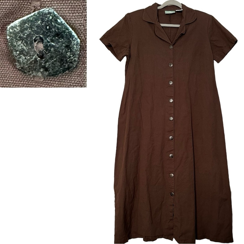 220 Hickory Dress Vintage Chocolate Brown Cotton & Linen Shoulder Pads Size L